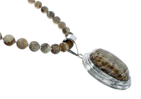 Sterling Silver Navajo Picture Rock Bead Necklace Pendant Set JX131110